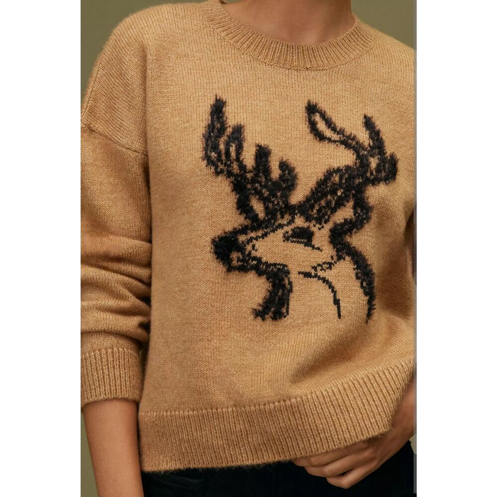 Anthropologie Tan Sweater with Black Deer Design